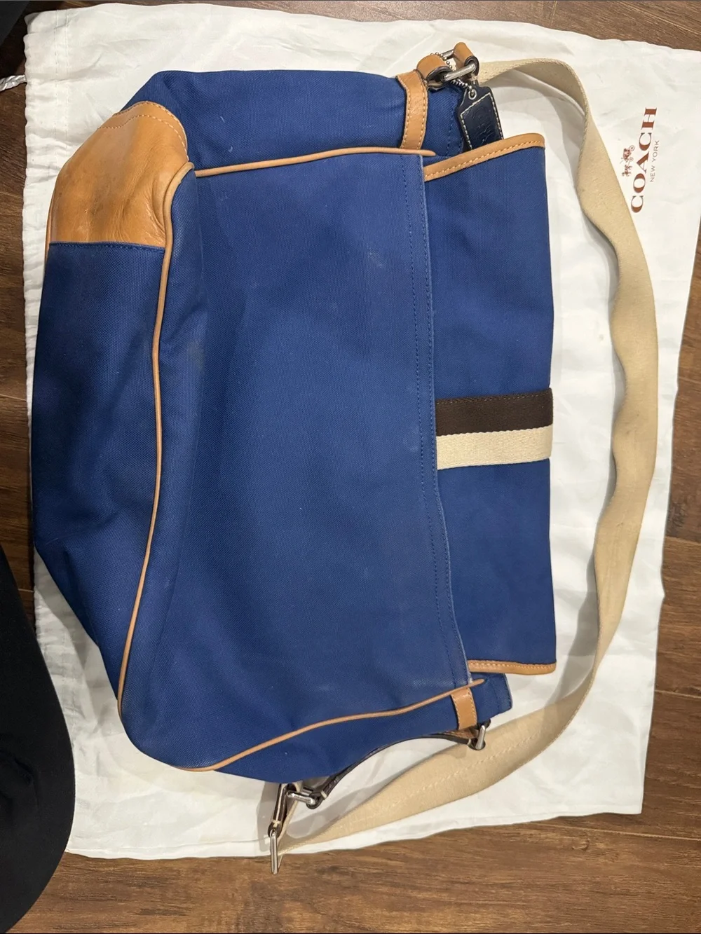 Coach Navy Canvas Messenger Bag with Tan Leather Trim